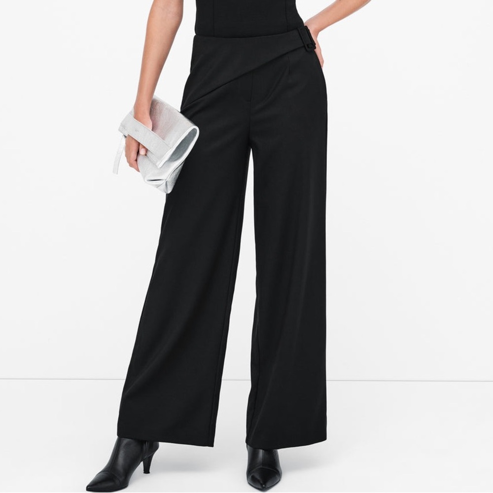Marcella Black Straight Wide Leg Asymmetrical Waist Panel Jordan Pants Trousers